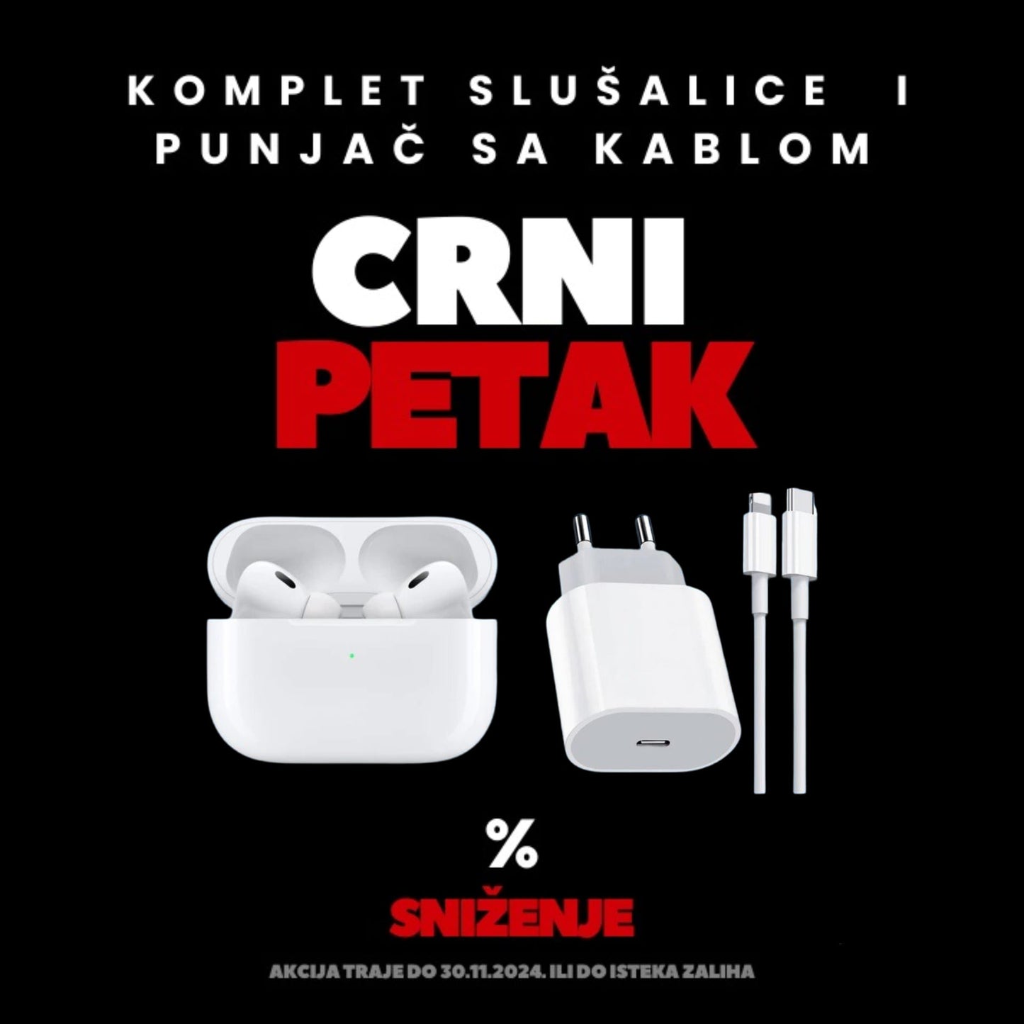 Komplet, airpods pro 2nd gen i punjač sa lightning kablom, slušalice i brzi punjač 25w